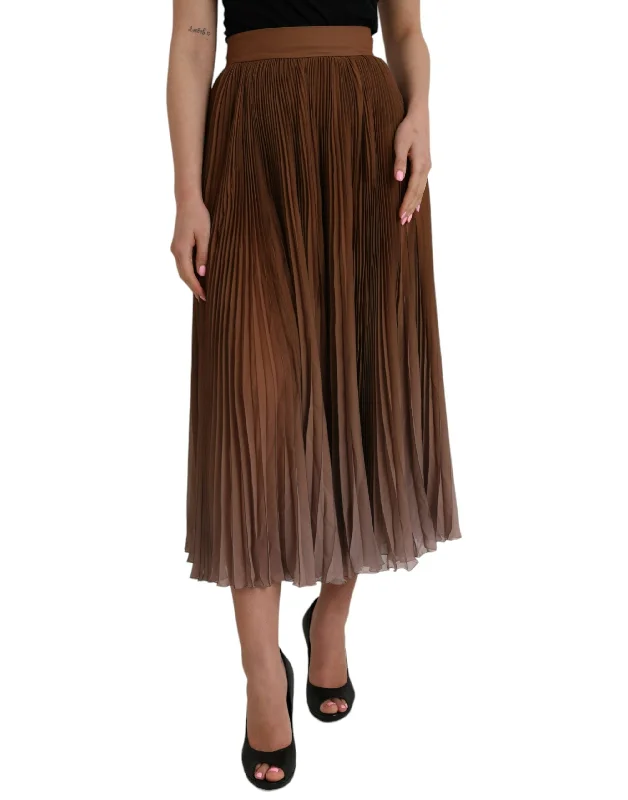 Brown Polyester Pleated High Waist Midi Skirt corduroy skirt cozy