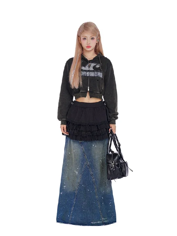 Washed splash ink flinging point spray denim bustier skirt【s0000008604】 ribbed skirt waist