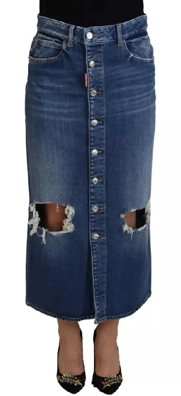 Blue Distressed High Waist Pencil Cut Denim Skirt wrap skirt elegant