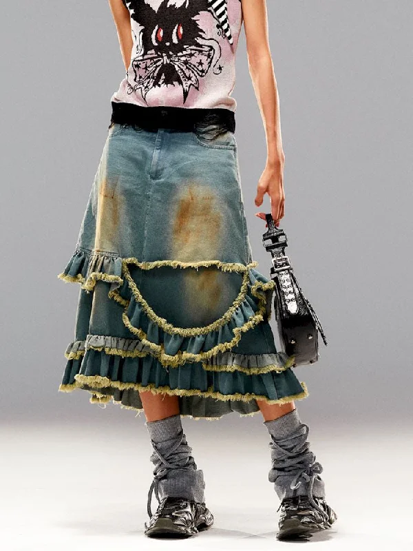 Raw Edge Mud Dye Denim Skirt【s0000009411】 maxi skirt elegant