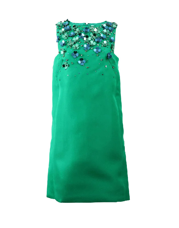 Shift Dress With Floral Sequins Square Neckline Feminine