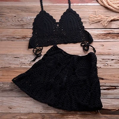 Crocheted Halter Top and Skirt Set pleated skirt texture