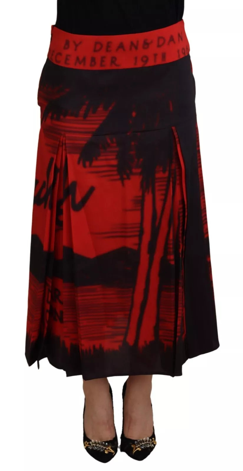 Red Printed High Waist A-line Pleated Midi Skirt silk skirt elegant