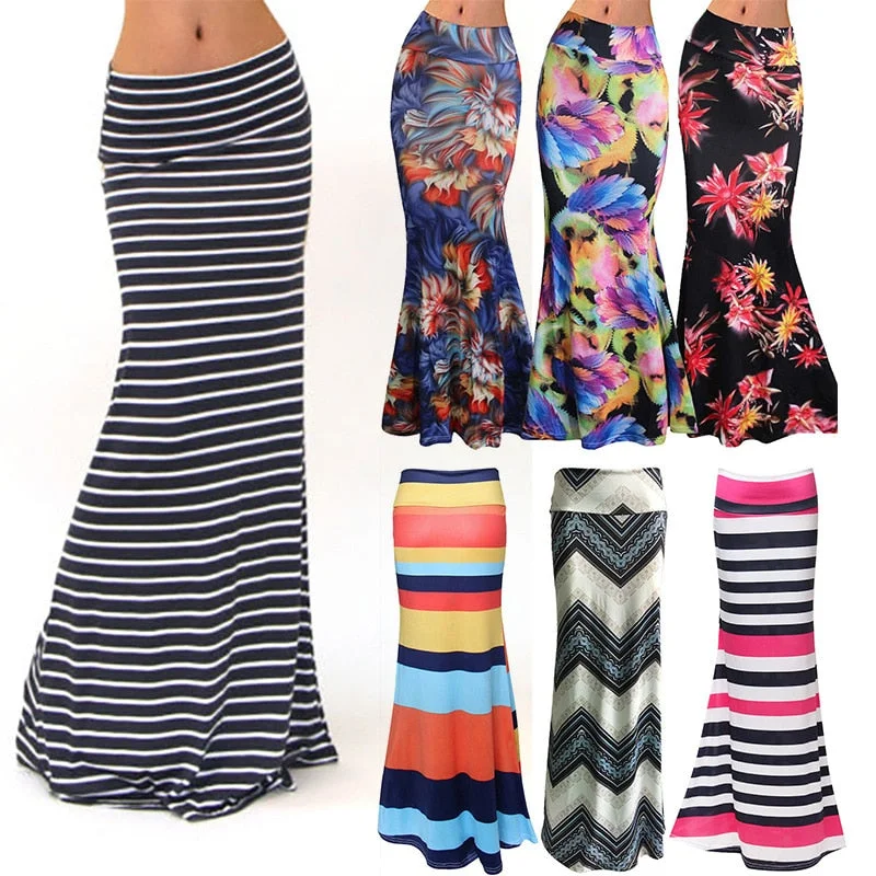 High Waist Long Skirts Printed Pattern silk skirt elegant