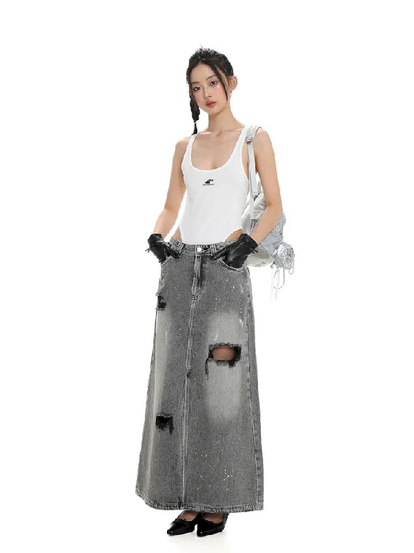 Multiple holes denim long skirt【s0000008678】 denim skirt classic