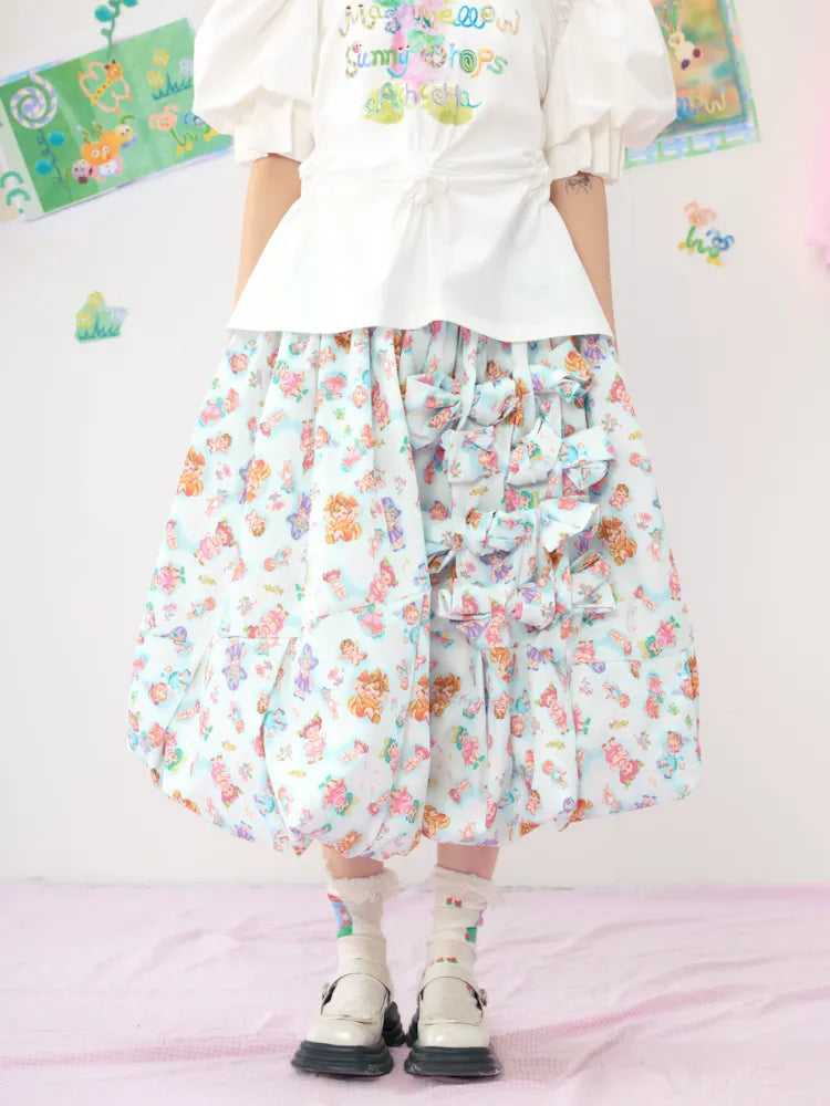 Colourful Printed Bowknot Blue Large Silhouette Half Skirt【s0000009073】 linen skirt light