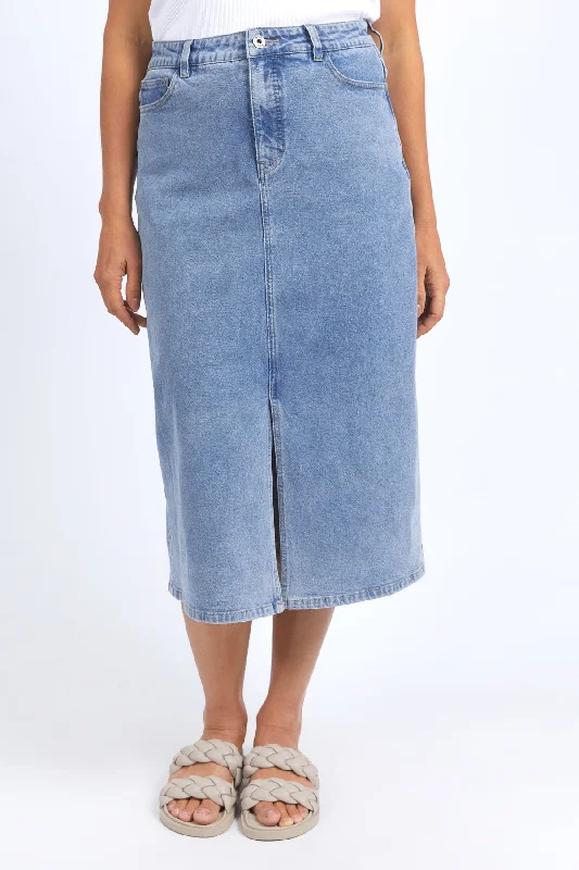 Elm Eloise Denim Midi Skirt - Light Blue Wash silk skirt lustrous