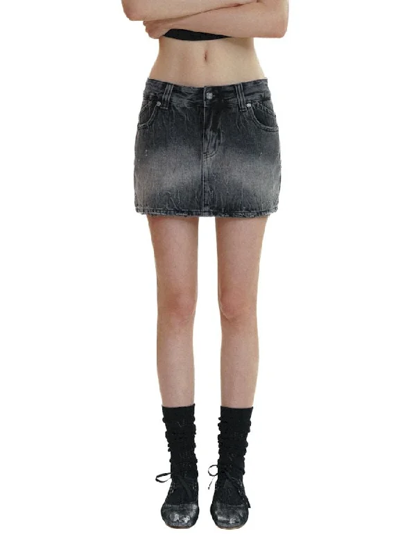 Gradient Spray Horsebit Worn Tie Flower Denim Short Skirt【s0000008682】 leather skirt sleek