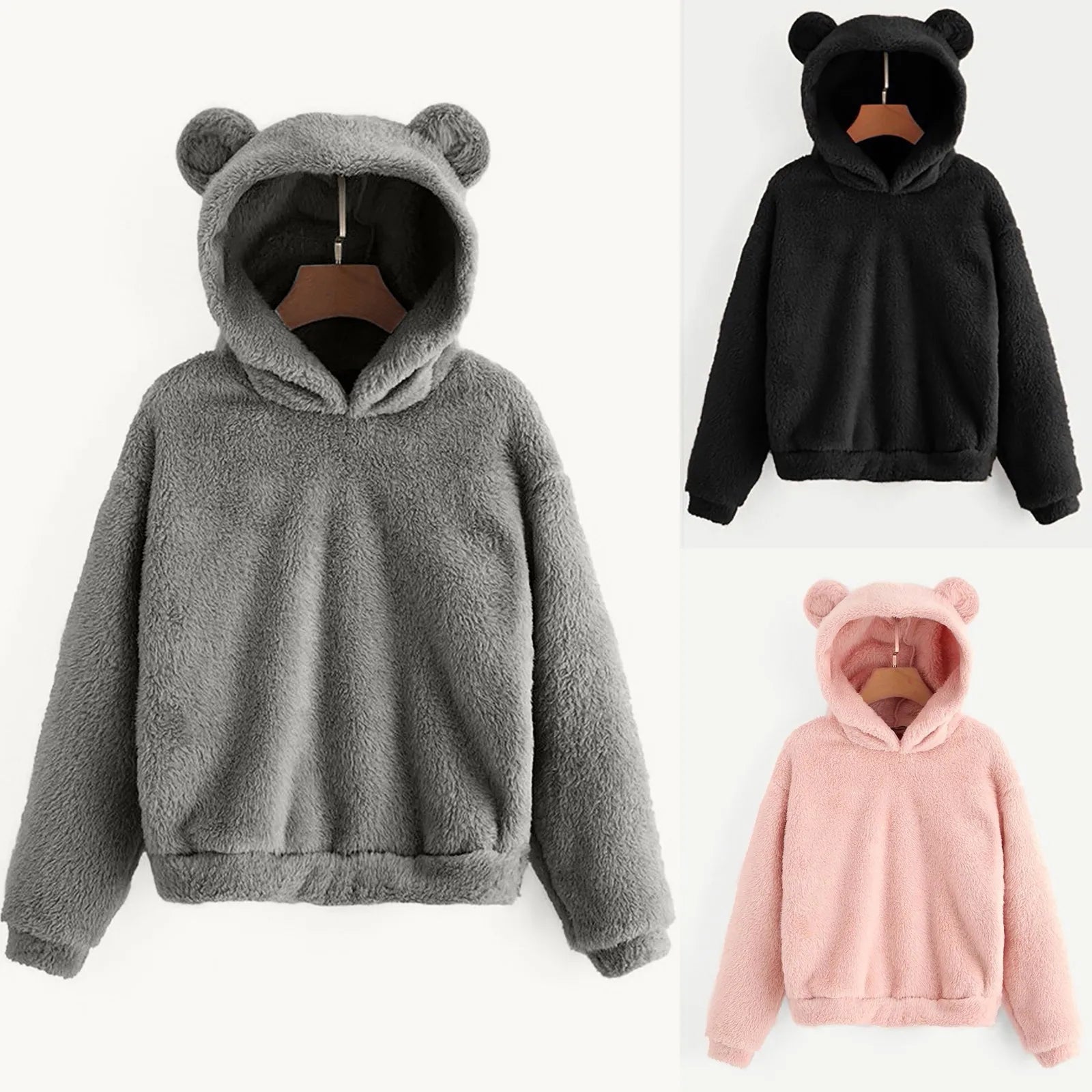 Women's Pullover Long Sleeve Fleece Sweatshirt Warm Bear Shape Fuzzy Hoodie Sweater Pullover Crew Neck Wool