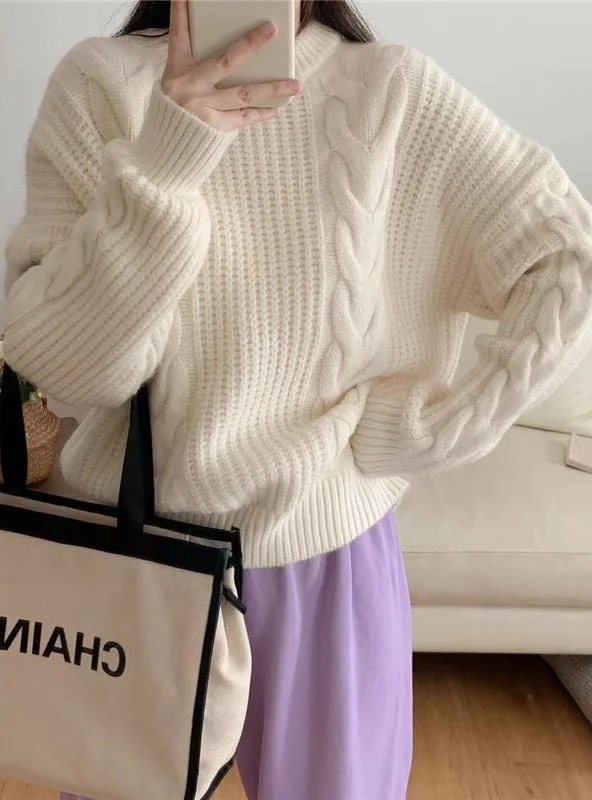 Thick twist pullover loose knit sweater Textured Knit Design