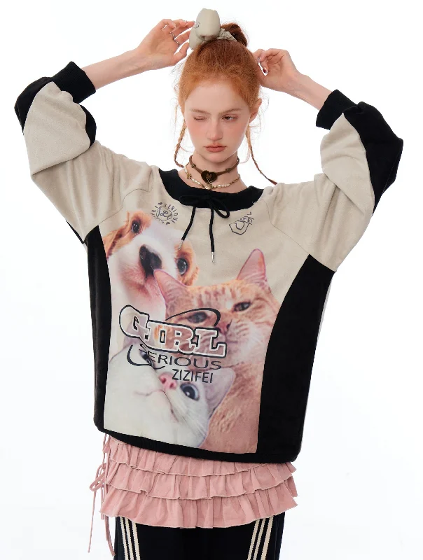 Cat and Dog Print Two-Tone Sweatshirt Hoodie with Bell Sleeves Flared Feminine