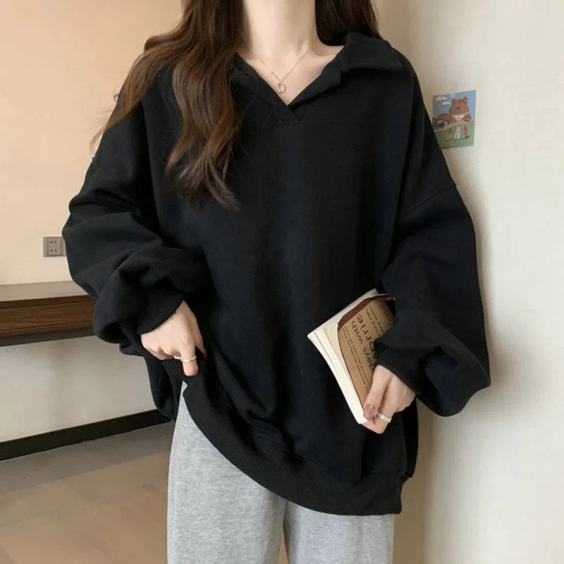 New Polo Neck Loose Street Casual Hoodies Sweatshirts Spring Autumn Solid Lazy Style Pullovers Top Fashion Korean Women Clothing Ruffled Neck Pullover