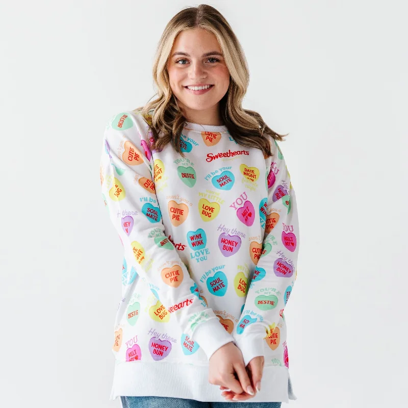 Sweethearts® Colorful Candy Hearts Women's Crew Neck Sweatshirt Hoodie with Relaxed Fit Easy Casual