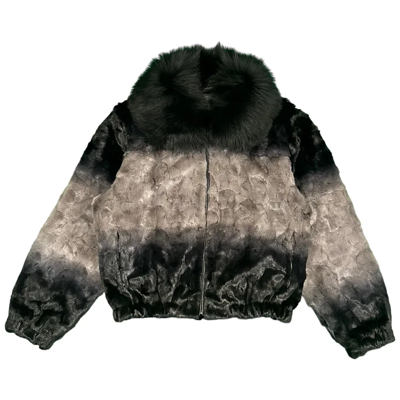 Kashani Women's Black/Grey Diamond Cut Mink Fox Collar Fur Jacket Denim Jacket Leather Jacket Suede Jacket