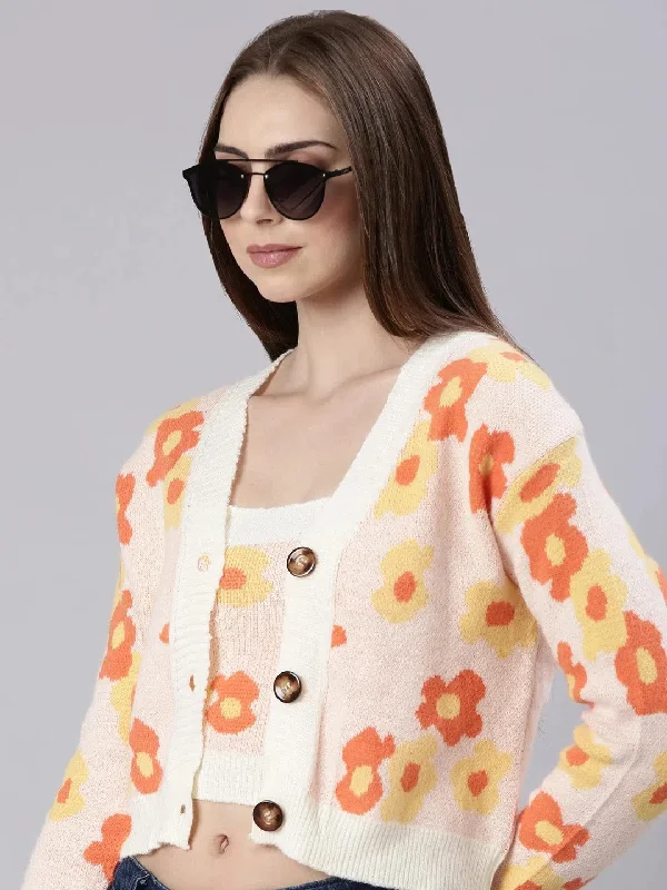 Women Peach Printed Cardigan-CHN-55043-Peach Tailored Straight A-Line