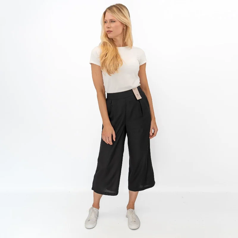 Womens Trousers Black Woven Crop Wide Leg Cropped Trousers Casual Linen