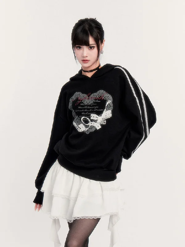 Gothic Heart Print Hoodie/Cake Skirt Hoodie with Front Slit Layering Stylish