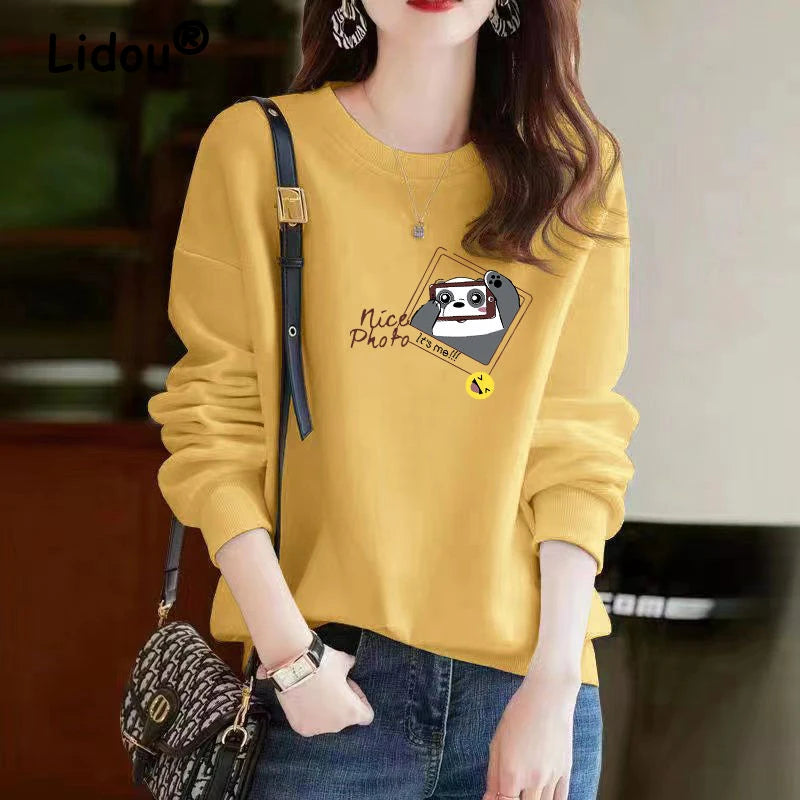 Spring Autumn Korean Style Kawaii Cartoon Panda Cat Print Long Sleeve Female Sweatshirt Casual Loose Pullover Top Women Clothing V-Neck Stylish Pullover