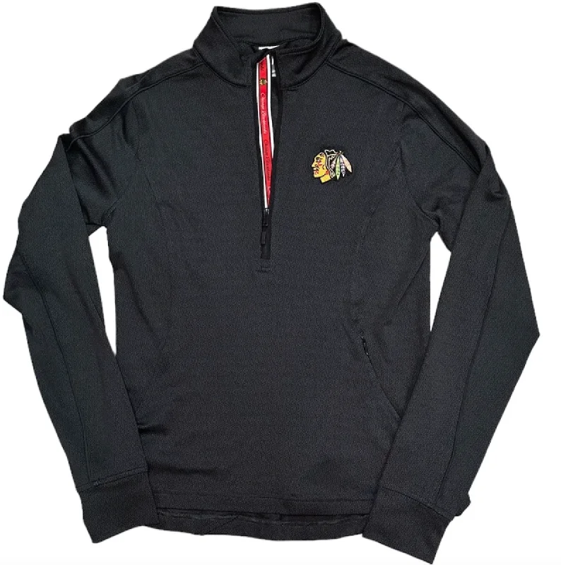 Women's Chicago Blackhawks 1/4 Zip Black Pacer Team Script Crew Jacket, Black-Level Wear Notch Collar Jacket Peter Pan Collar Jacket Cowl Neck Jacket