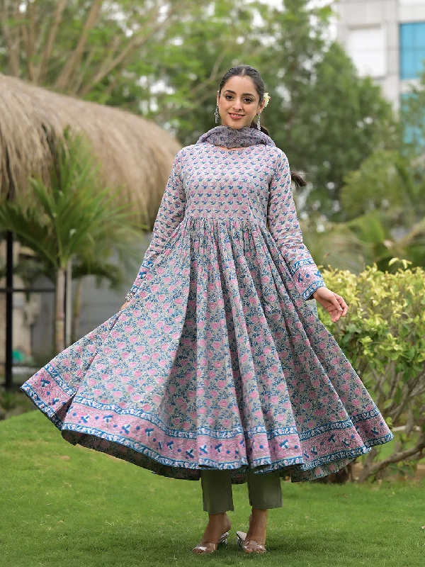 Divena Floral Printed Round Neck Pure Cotton Anarkali Kurta With Trousers & Dupatta Wide Leg Loose Fit Mid Waist