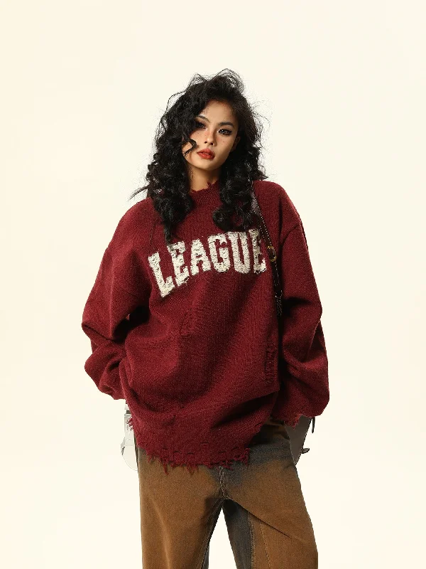 Distressed League Varsity Sweatshirt Hoodie with Contrast Stitching Detailed Premium