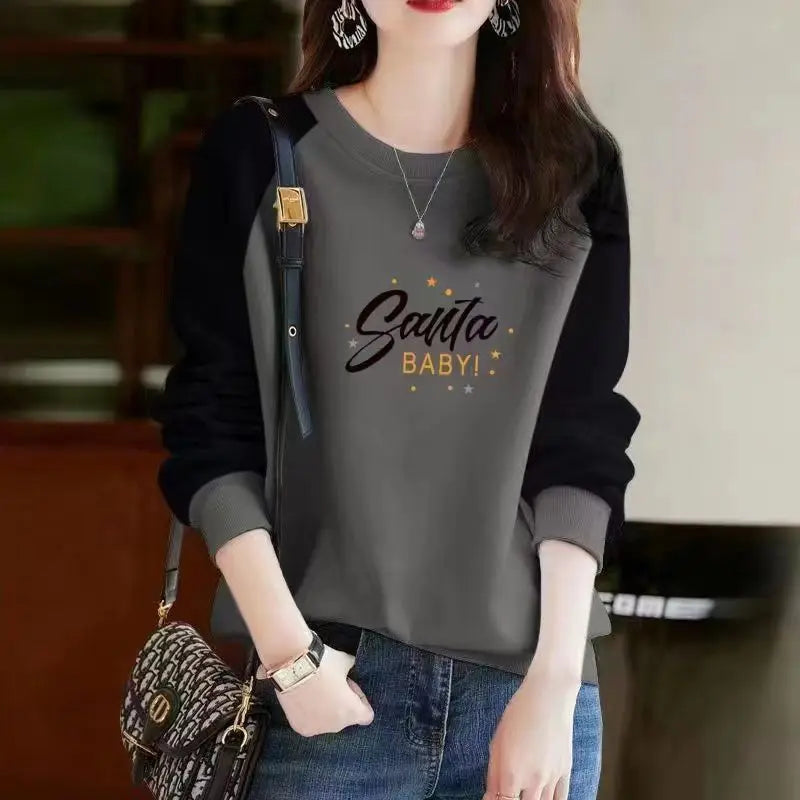 Autumn and Winter Women's Pullover Round Neck Letter Print Plush Thick Contrast Long Sleeve Hoodies Loose Fashion Casual Tops Three Quarter Sleeve