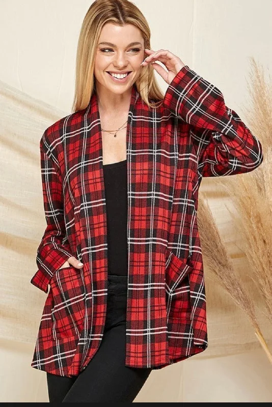 Red Plaid Cardigan Satin Blend Silk Blend Wool Blend