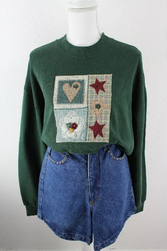 Vintage Green Star Pullover (XL) Ruffle Sleeve Feminine