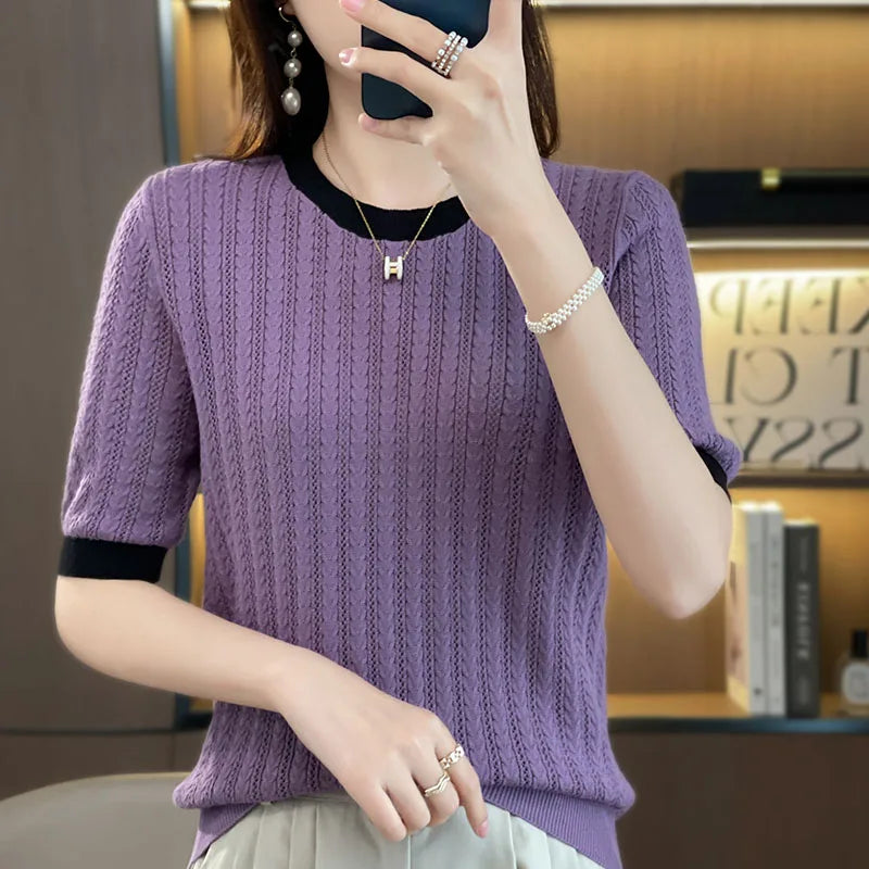 100% Cotton T-shirt Women's O-neck Casual Fashion Pullover Short Sleeve Summer New Knitted Loose Contrast Versatile Top T-shirt Sheath Sleeve Elegant