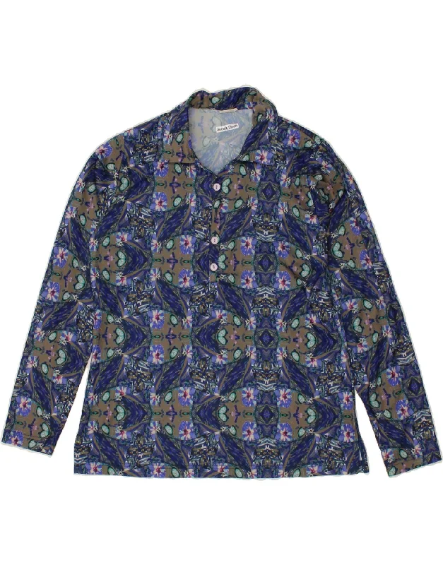 VINTAGE Womens Abstract Pattern Pullover Shirt UK 14/16 Medium Blue Puff Sleeve Stylish