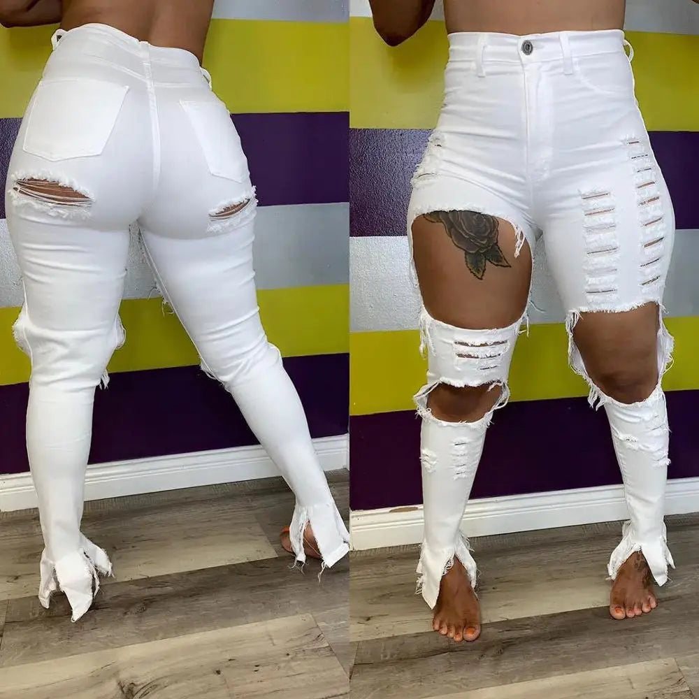 Echoine Sexy  Hollow out Flare denim Pants White Ripped jeans High Waist  Bodycon Hole Women Trousers Club Outfits 2023 Trousers Custom Made