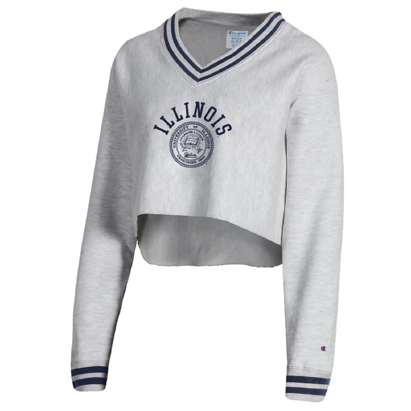 Illinois Fighting Illini Women's Champion Grey Cropped V-Neck Sweatshirt Hoodie with Print Artistic Unique