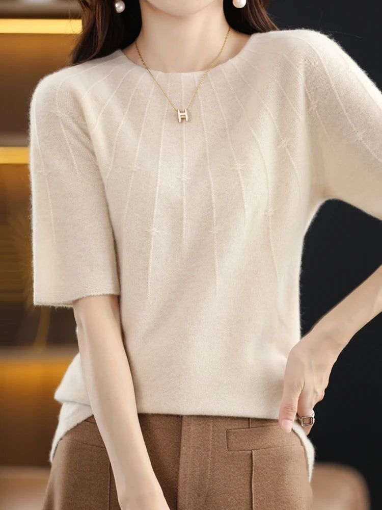 Spring Summer 100% Pure Wool Sweater T-shirt New Women's O-Neck Pullover Short Sleeve Slim Five-point Sleeve Casual Knit Tops Wide Sleeve Pullover