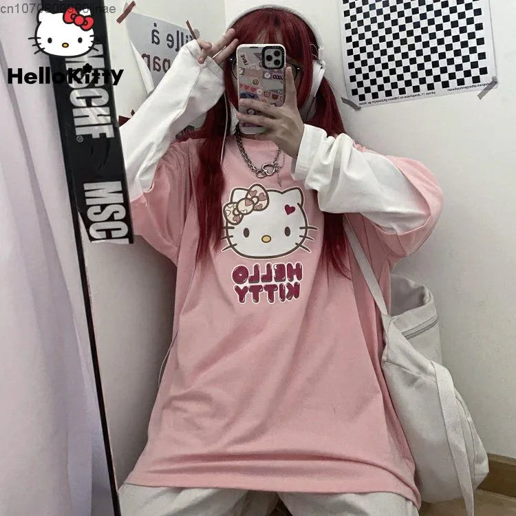 Sanrio Hello Kitty Sweet Long Sleeve Shirt Women Y2K Street Fashion Clothes Lovely Oversized Casual Pullover Korean Style Tops Chunky Knit Pullover