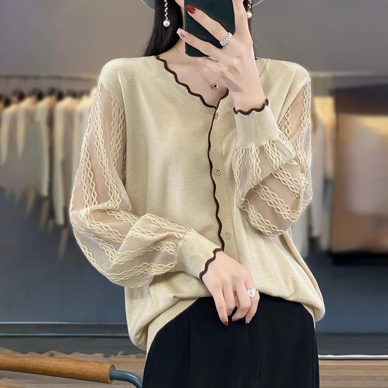 Spring Summer Women 100% Soft Wool Organdy Sweater V-neck Lantern Sleeve Lace Hollow Out Pullover Casual Knit Bottoming Tops Cowl Neck Pullover