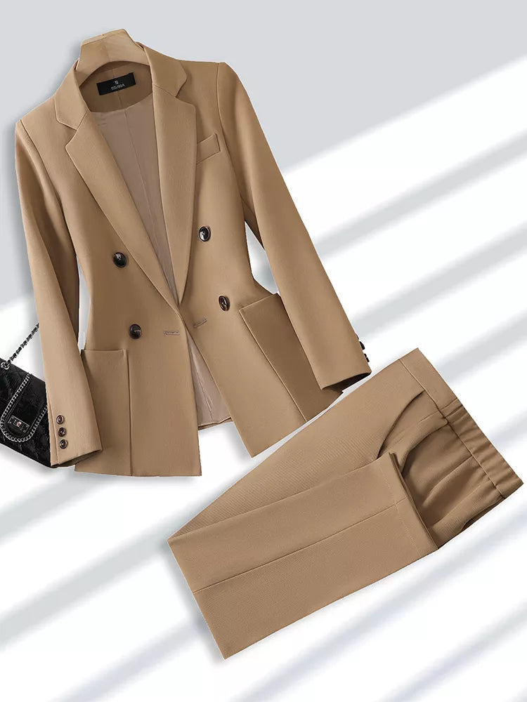 Fashion Ladies Pant Suit Formal Women Office Business Work Wear Blazer And Trouser Beige Black Khaki 2 Piece Set With Pocket Trousers Chinos Classic