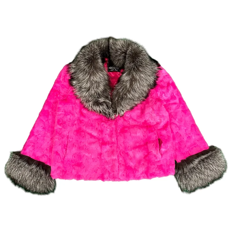 Kashani Women's Hot Pink Diamond Cut Mink Silver Fox Fur Jacket Wool Jacket Cashmere Jacket Tweed Jacket