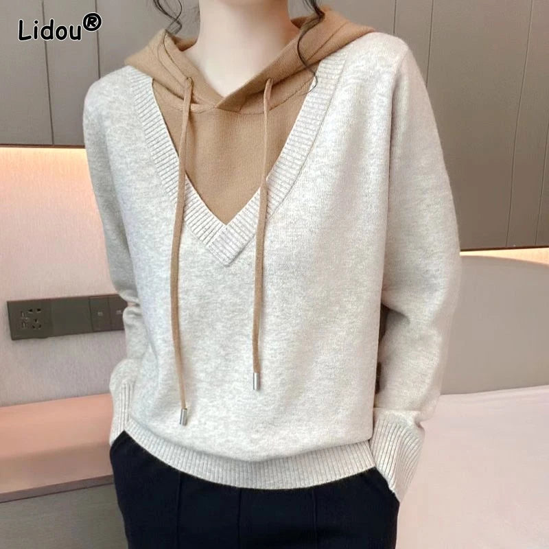 2023 New Autumn and Winter Fashion Minimalist Casual Loose Fitting Pullover Versatile Long Sleeved Fake Two-piece Hooded Sweater Lantern Sleeve Elegant