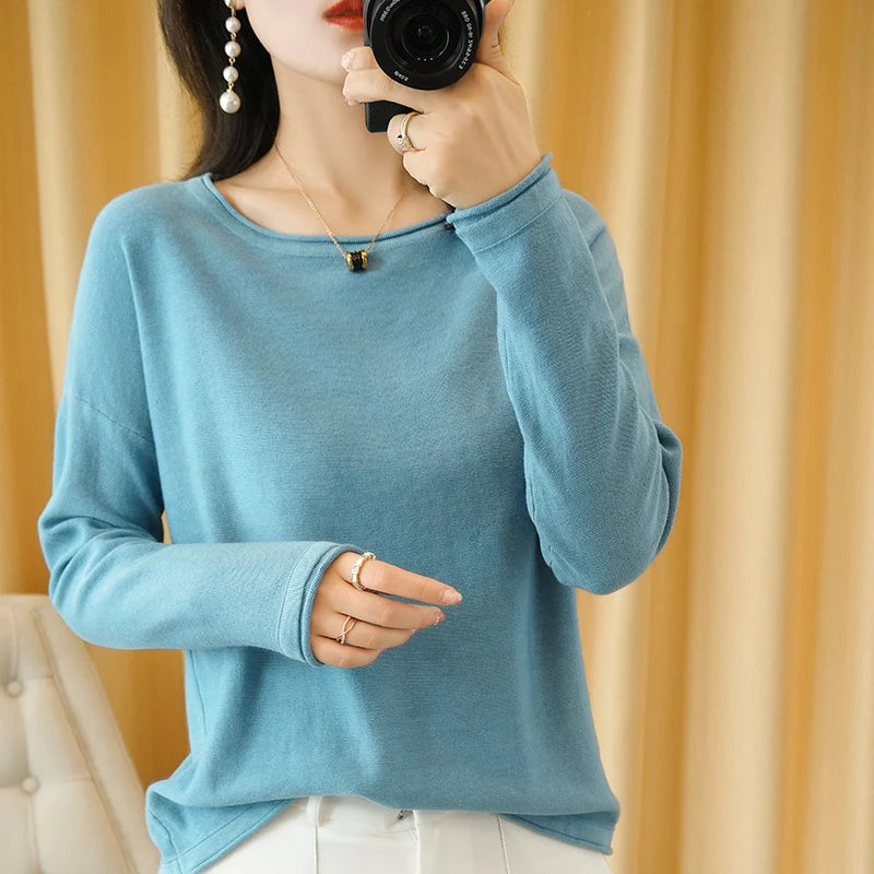 100% Cotton Women Knit Sweater Crimped Edge O-Neck Pullover Bottoming Pure Cotton Sweater Spring Autumn New Tops Clothes Surplice Neck Pullover