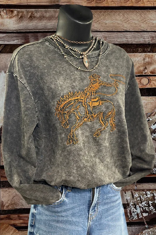 Wild West Bronc Rider Embroidered Mineral Wash Pullover Surplice Neck Pullover