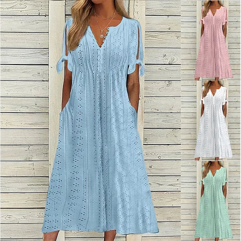 2023 Summer Women's Dress With Hollow Out V-neck Lace Ruffles Chic Elegant Long Dresses Pullover High Waist White Beach Vestidos Boat Neck Sweater