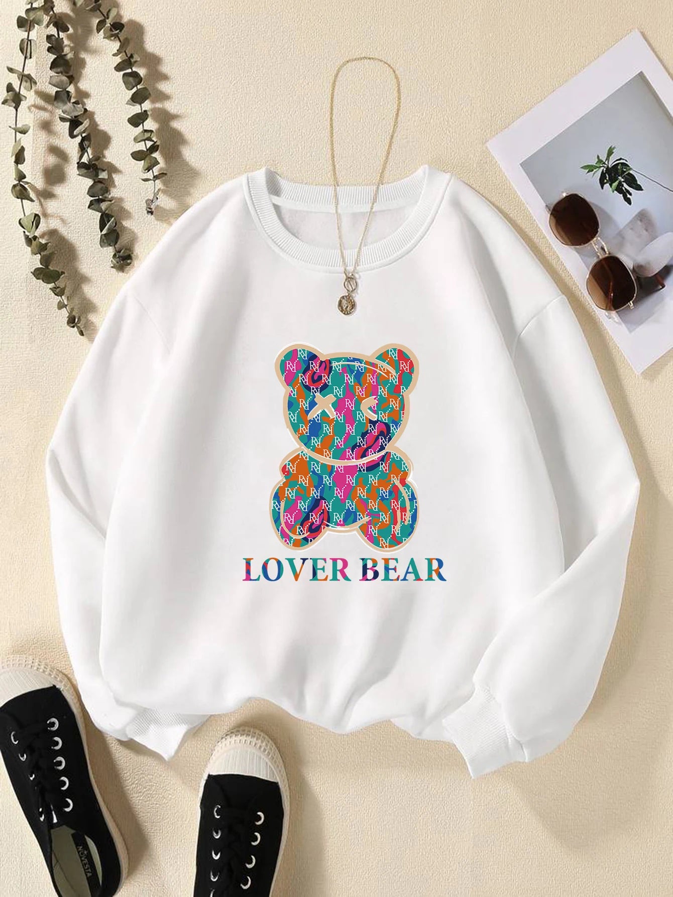 Women's Print Thermal Lined Crew Neck Loose Pullover Long Sleeve Plus Velvet Sweatshirt Slouchy Comfort Pullover