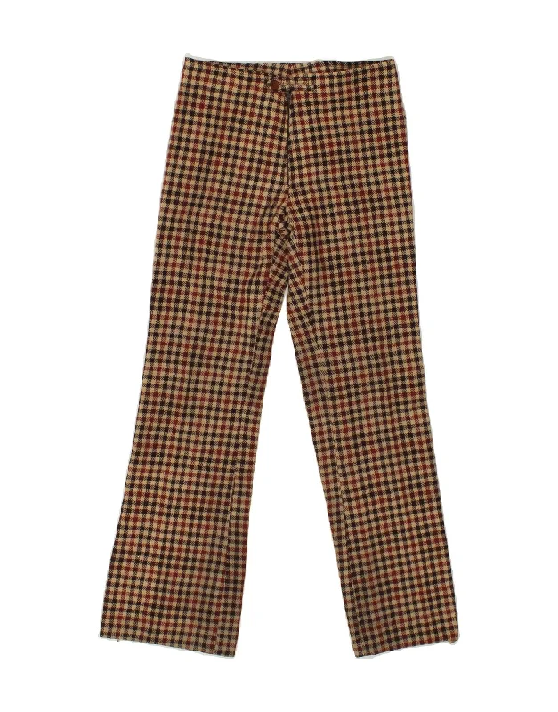 VINTAGE Womens Straight Casual Trousers W26 L28  Beige Houndstooth Trousers Satin Smooth