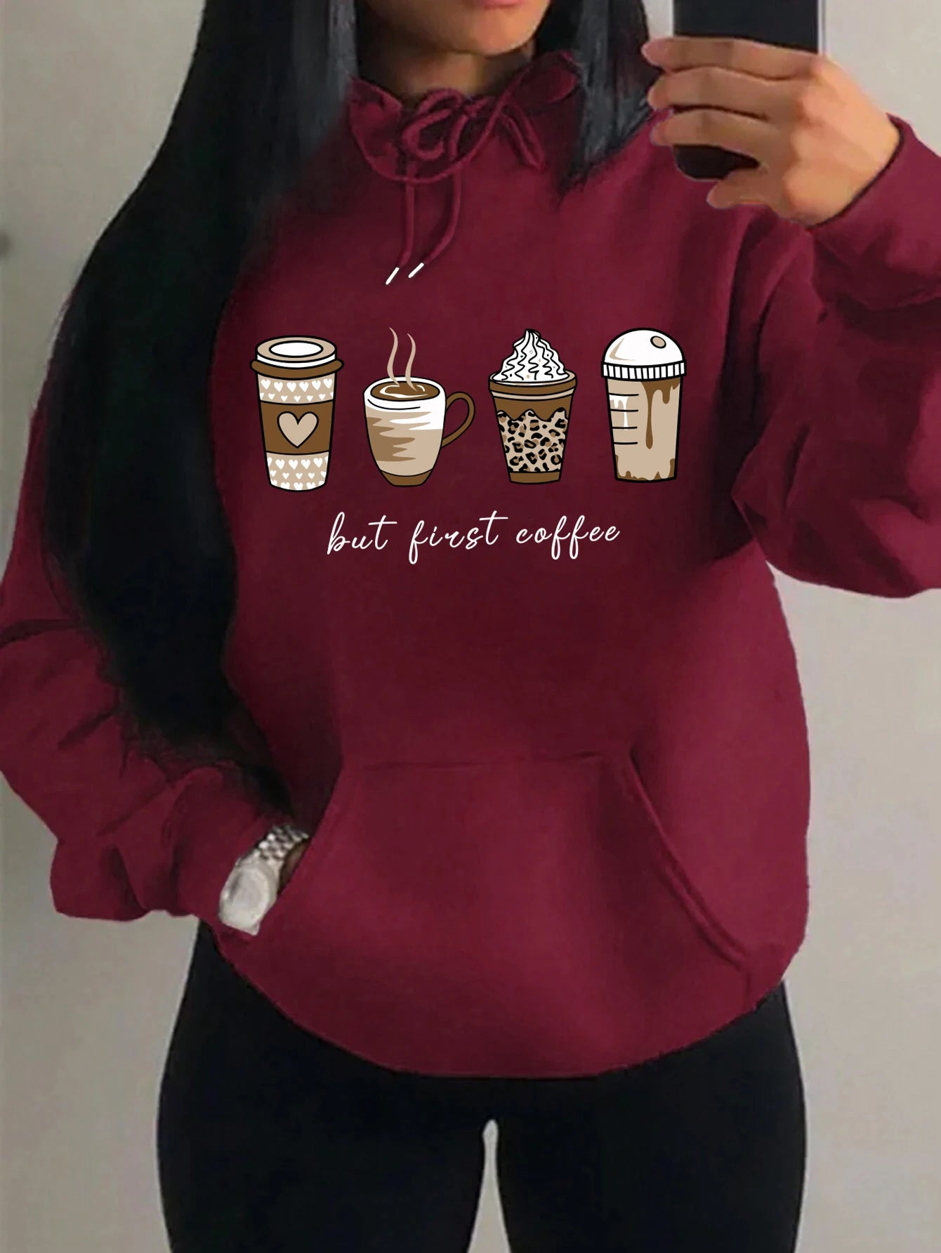 But First Coffee Cartoons Coffee Drinks Pattern Hoodies Fashion Warm Hoody Casual Trendy Sweatshirt Street Women Pullovers Port Neck Pullover