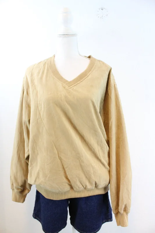 Vintage Brown V Neck Pullover (M) Fleece Warm Pullover