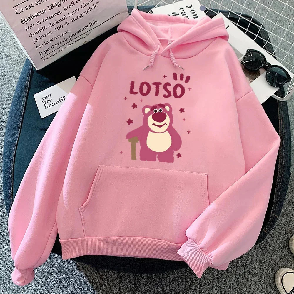 Winter Fashion Womens Hoodie Lotso Print Pullover Streetwear Hoodies Women Strawberry Bear Fleece Harajuku Y2K Sweatshirts Tops Ribbed Crew Neck