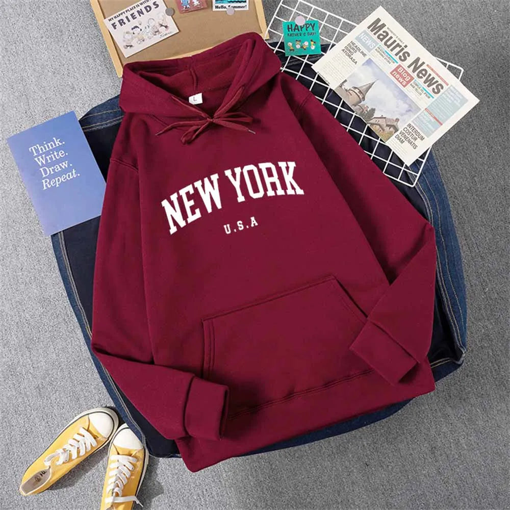 Men Women New York U.S.A City Hoodies Fashion Letter Printed Graphic Sweatshirts Loose Casual Harajuku Hooded Pullover Sportwear Box Sleeve Comfort