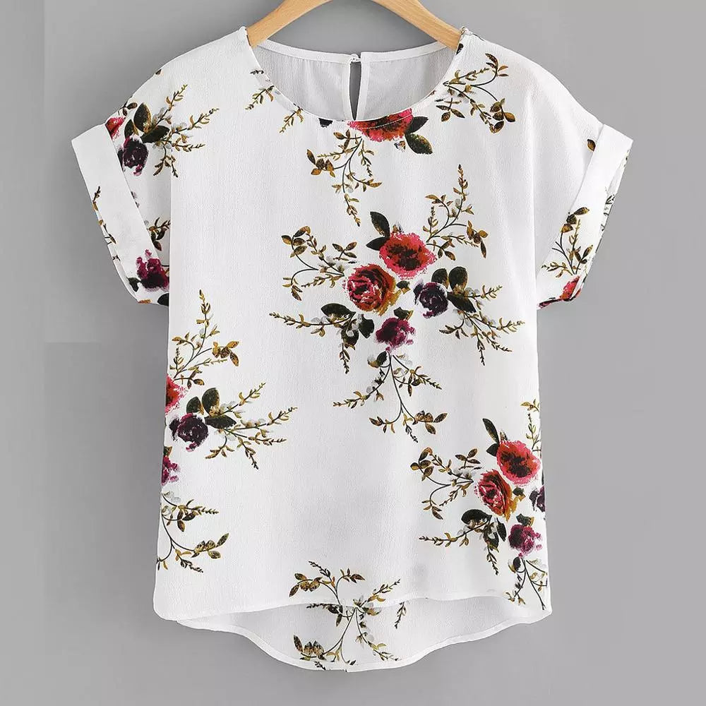 Summer Fashion Floral Print Blouse Pullover Ladies O-Neck Tee Tops Female Women's Short Sleeve Shirt Blusas Femininas Clothing Polo Neck Sweater