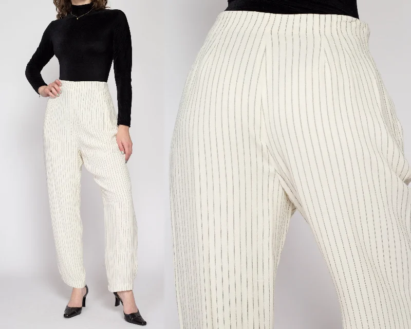 Med-Lrg 90s White & Black Pinstripe Trousers 30" Trousers Fleece Cozy