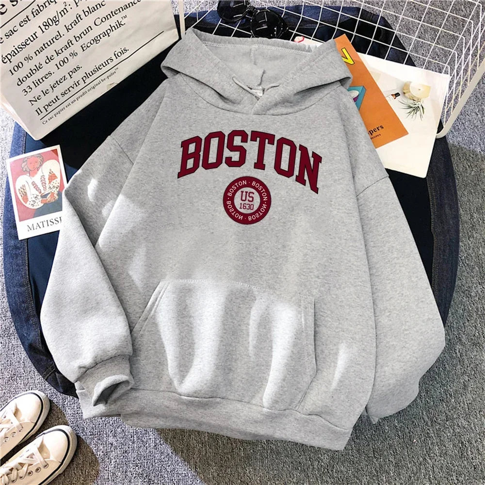 Female Hooded Boston City Founded in 1630 Hoodies Women Warm Comfortable Pullovers Fashion Casual Basic All Match Sweatshirt Sabrina Neck Pullover